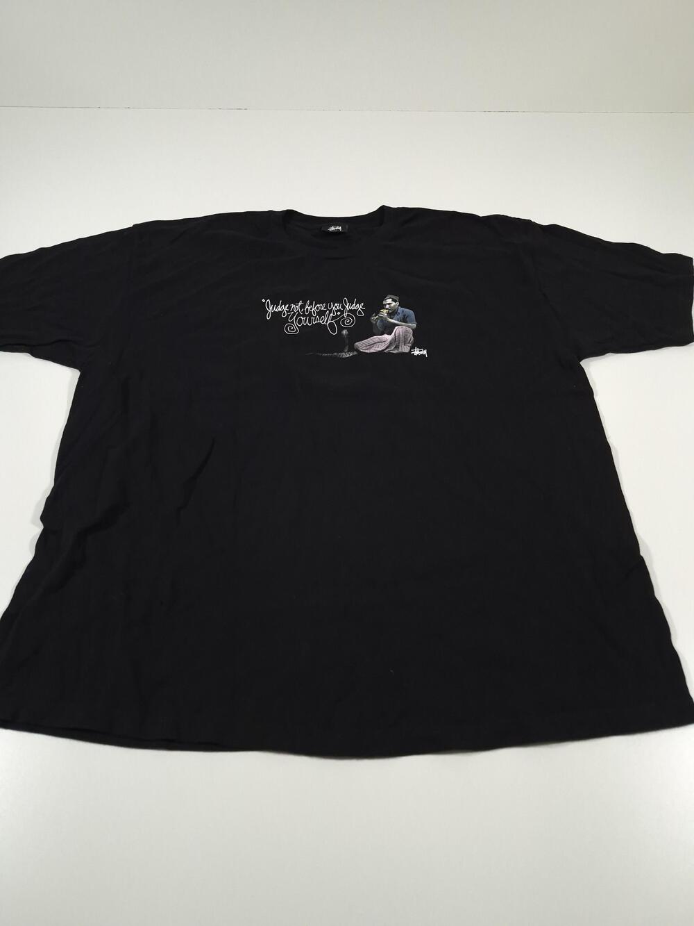 Stussy Shirt Mens 2XL Black Judge Not Quote Graphic Tee Streetwear Casual Skate